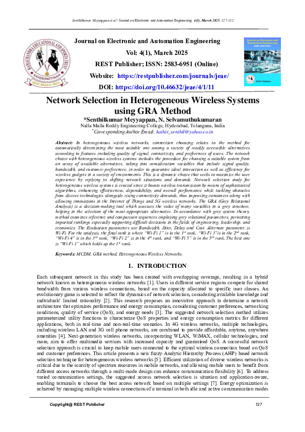 (PDF) Network Selection in Heterogeneous Wireless Systems using GRA Method