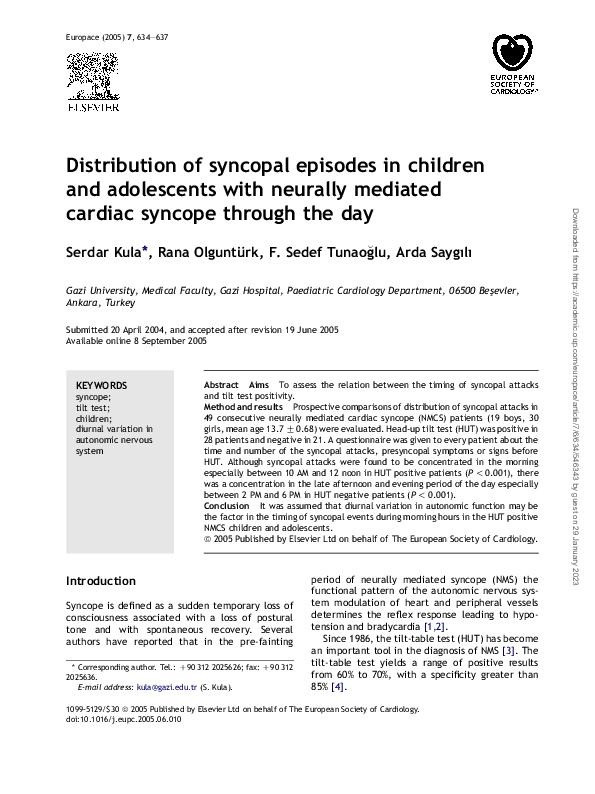 (PDF) Distribution of syncopal episodes in children and adolescents ...