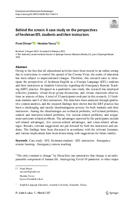 (PDF) Behind the screen: A case study on the perspectives of freshman ...