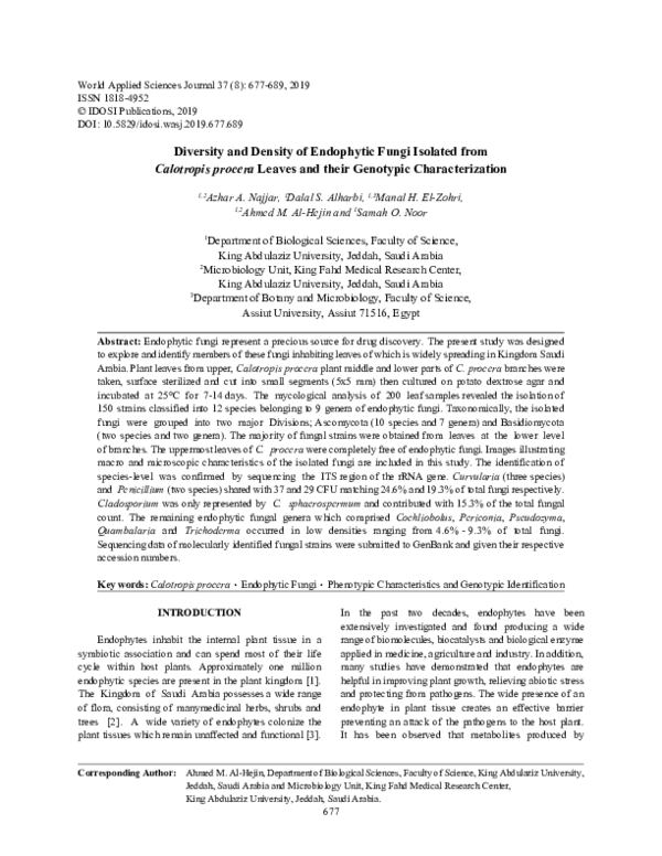 (PDF) Diversity and Density of Endophytic Fungi Isolated from ...