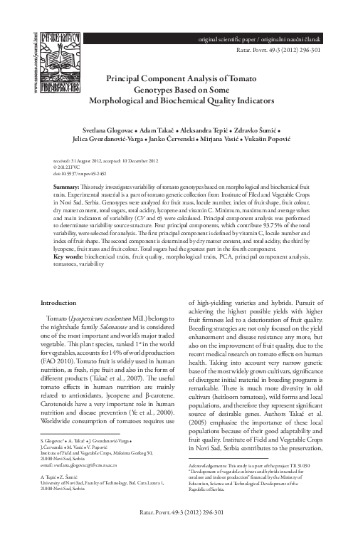 (PDF) Principal component analysis of tomato genotypes based on some ...