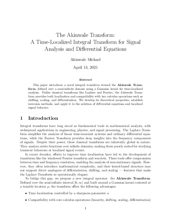 (PDF) The Akinwale Transform: A Time-Localized Integral Transform for ...