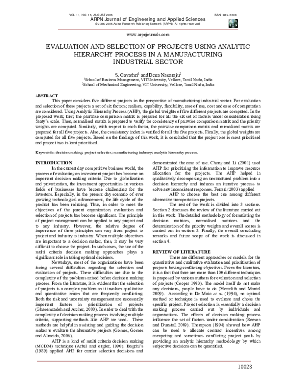 (PDF) Evaluation and Selection of Projects Using Analytic Hierarchy ...