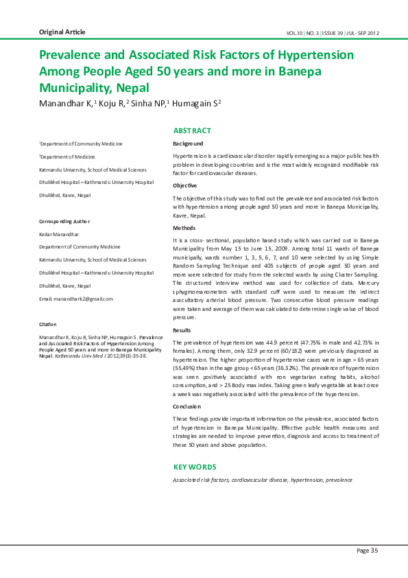 (PDF) Prevalence and Associated Risk Factors of Hypertension Among ...