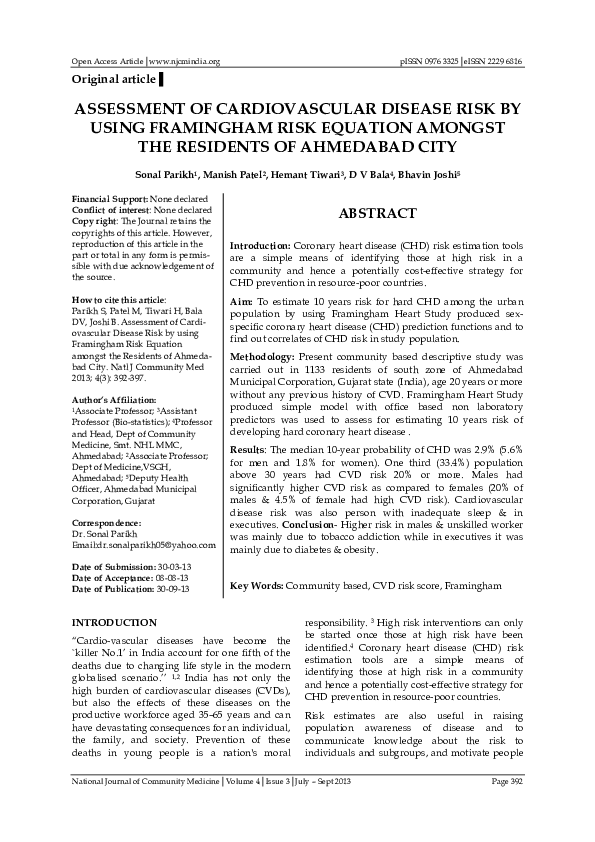 (PDF) Assessment of Cardiovascular Disease Risk by using Framingham ...