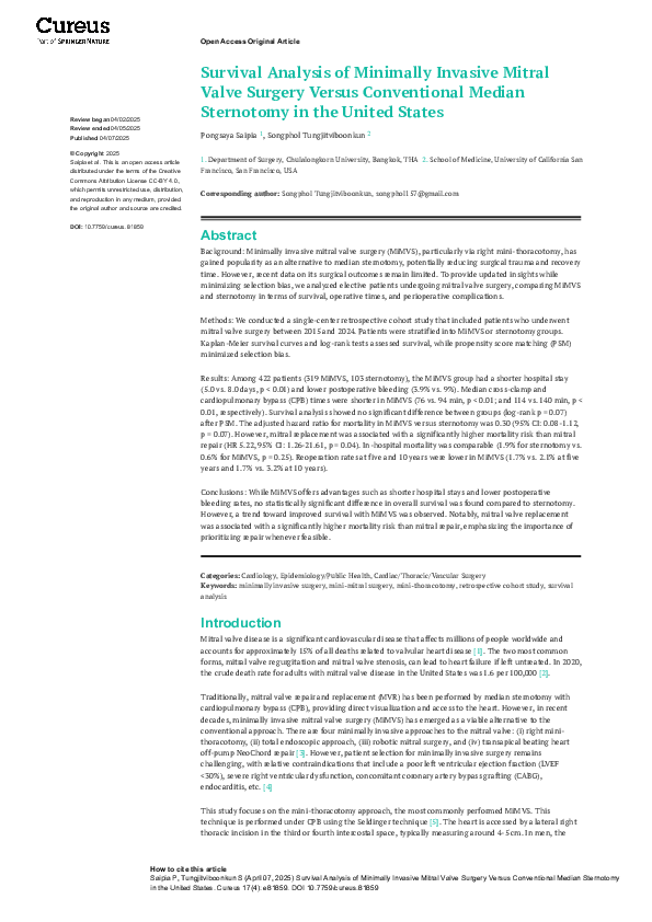 (PDF) Survival Analysis of Minimally Invasive Mitral Valve Surgery ...