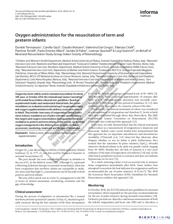 (PDF) Oxygen administration for the resuscitation of term and preterm ...