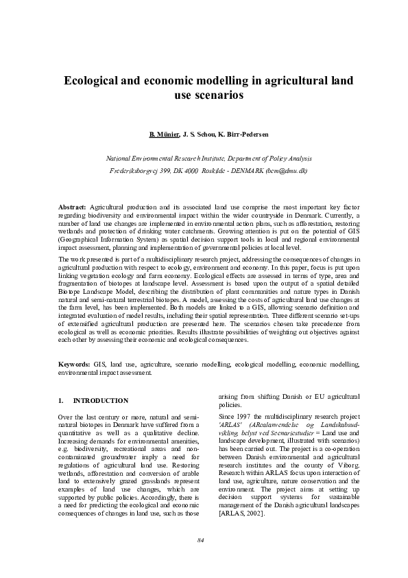 (PDF) Ecological and economic modelling in agricultural land use scenarios