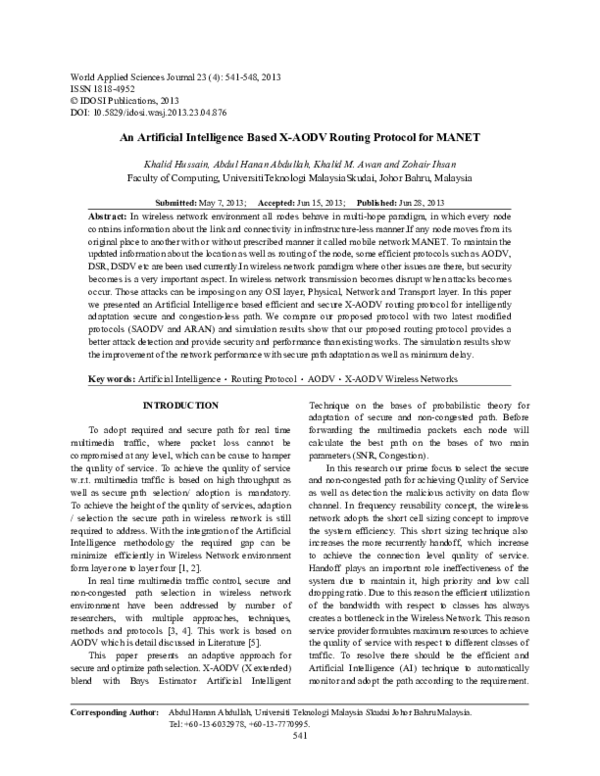 (PDF) An Artificial Intelligence Based X-AODV Routing Protocol for MANET