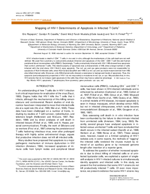 (PDF) Mapping of HIV-1 Determinants of Apoptosis in Infected T Cells