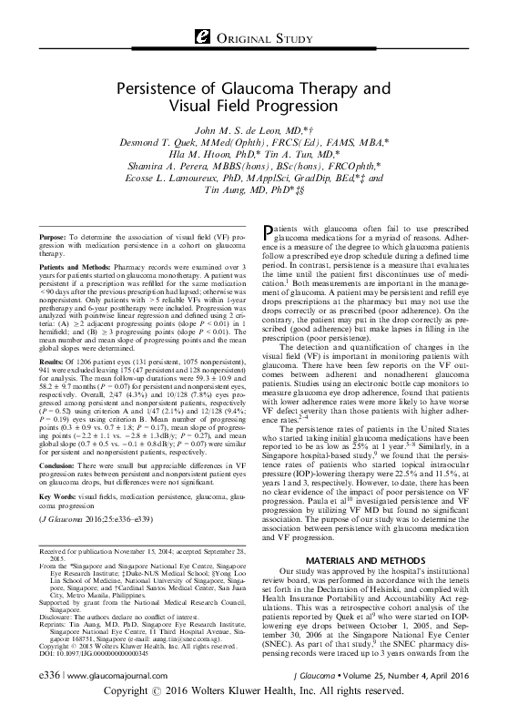 (PDF) Persistence of Glaucoma Therapy and Visual Field Progression