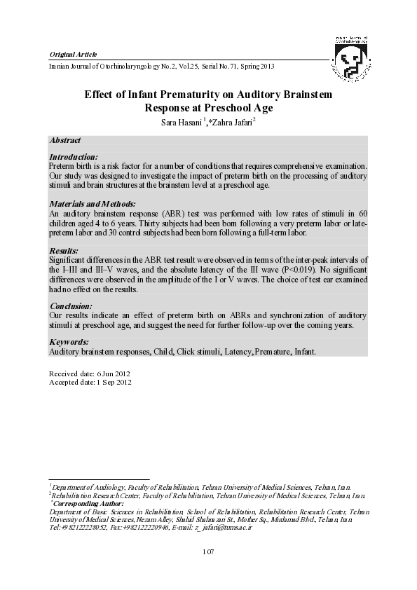 (PDF) Effect of Infant Prematurity on Auditory Brainstem Response at ...