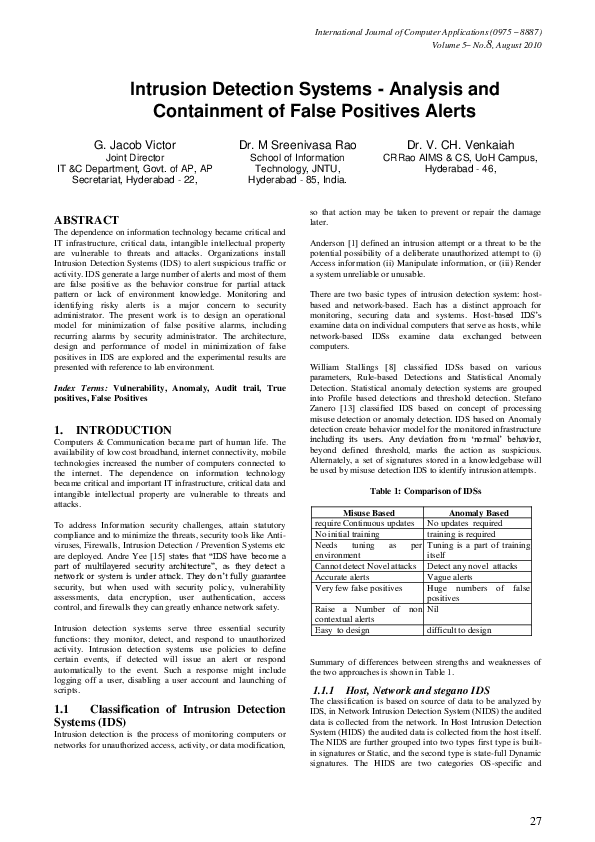 (PDF) Intrusion Detection Systems - Analysis and Containment of False ...