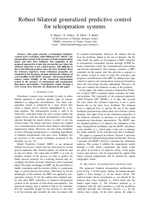 (PDF) Robust bilateral generalized predictive control for teleoperation ...