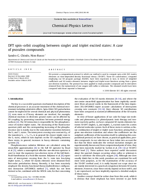 (PDF) DFT spin–orbit coupling between singlet and triplet excited ...