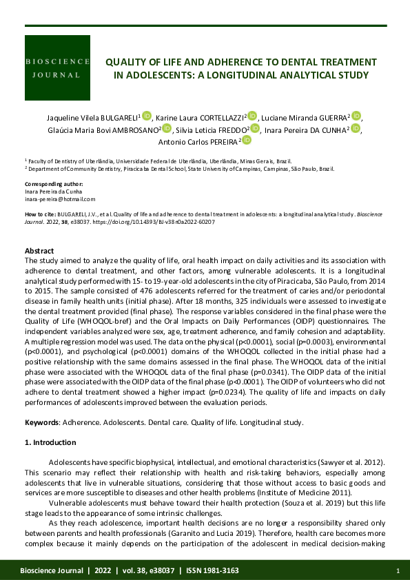 (PDF) Quality of life and adherence to dental treatment in adolescents ...