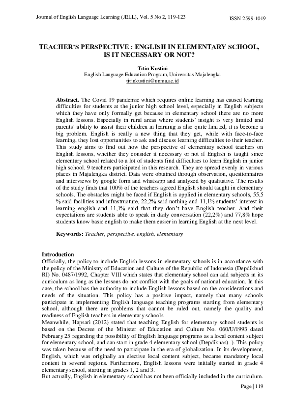 (PDF) Teacher’s Perspective : English in Elementary School, is It ...