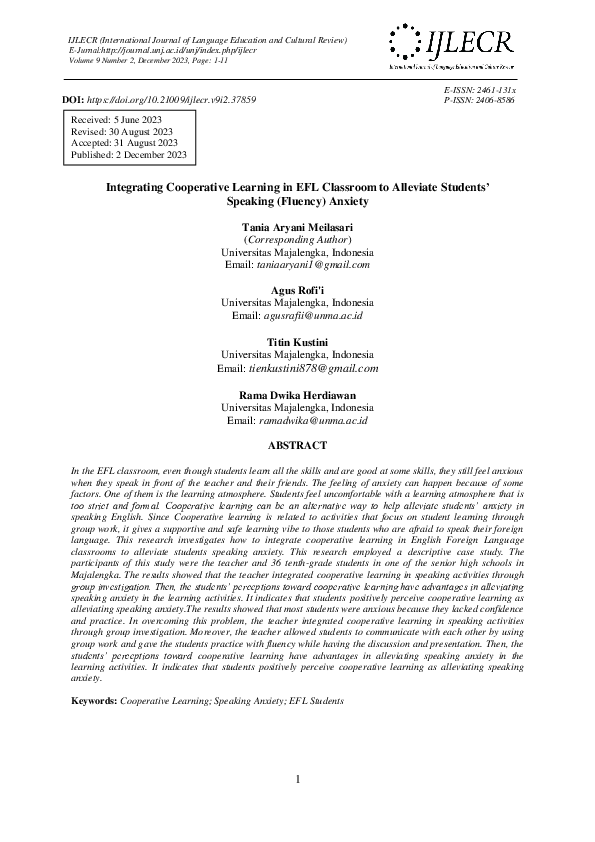 (PDF) Integrating Cooperative Learning in EFL Classroom to Alleviate ...