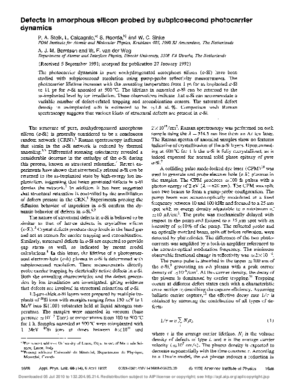 (PDF) Defects in amorphous silicon probed by subpicosecond photocarrier ...