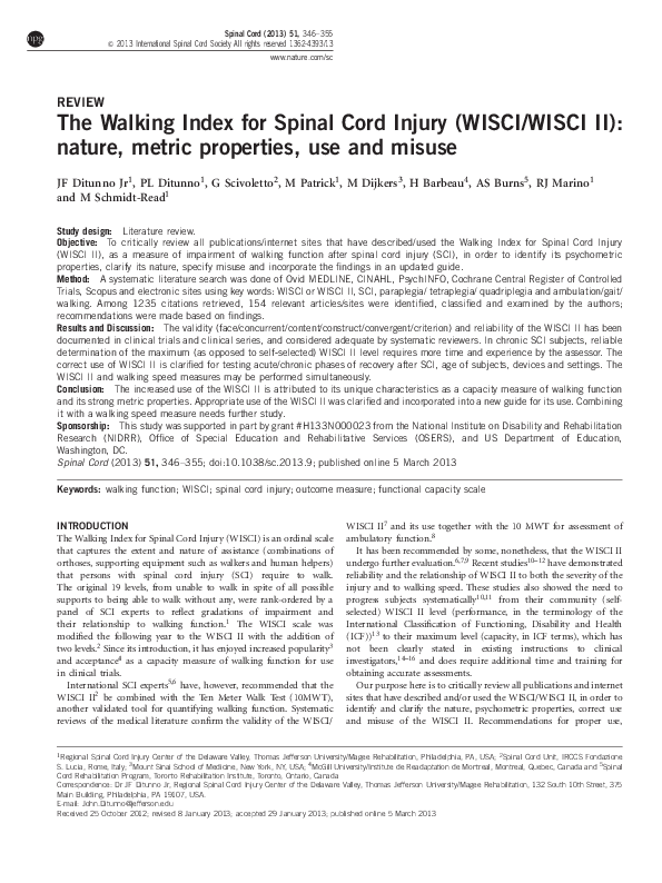 (PDF) The Walking Index for Spinal Cord Injury (WISCI/WISCI II): nature ...