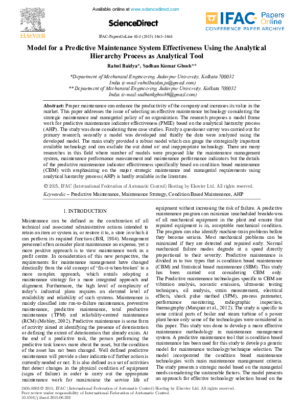 (PDF) Model for a Predictive Maintenance System Effectiveness Using the ...