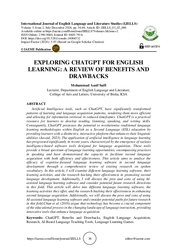 (PDF) EXPLORING CHATGPT FOR ENGLISH LEARNING: A REVIEW OF BENEFITS AND ...