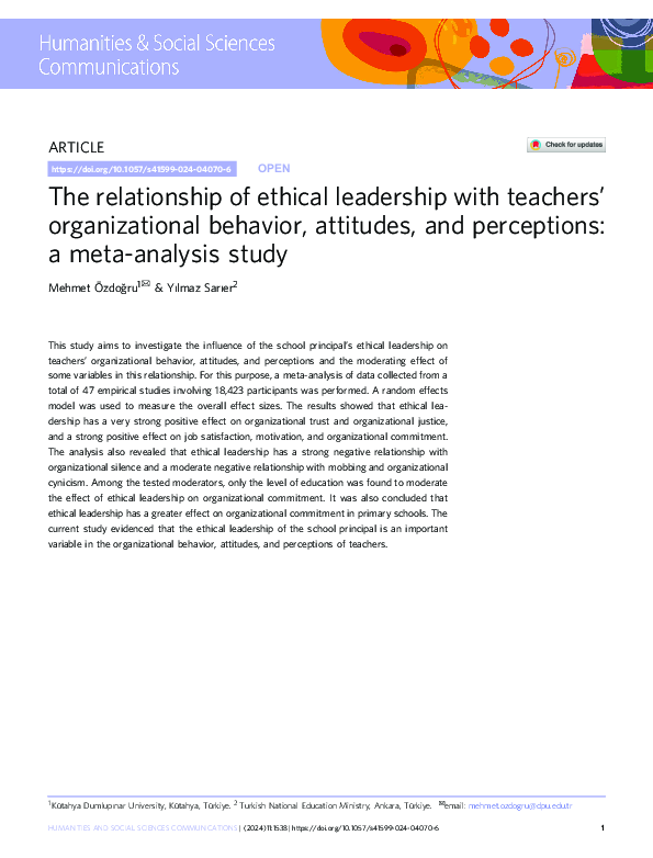 (PDF) The relationship of ethical leadership with teachers ...