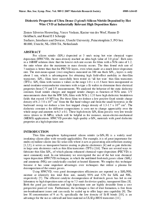 (PDF) Dielectric Properties of Ultra Dense (3 g/cm3) Silicon Nitride ...