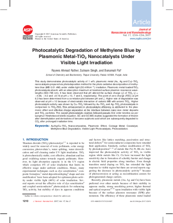 (PDF) Photocatalytic Degradation of Methylene Blue by Plasmonic Metal ...