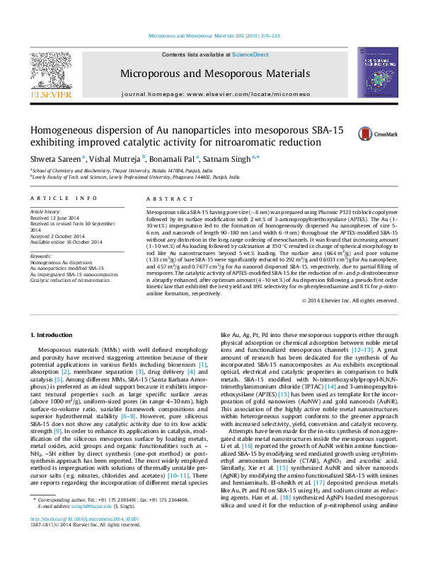(PDF) Homogeneous dispersion of Au nanoparticles into mesoporous SBA-15 ...