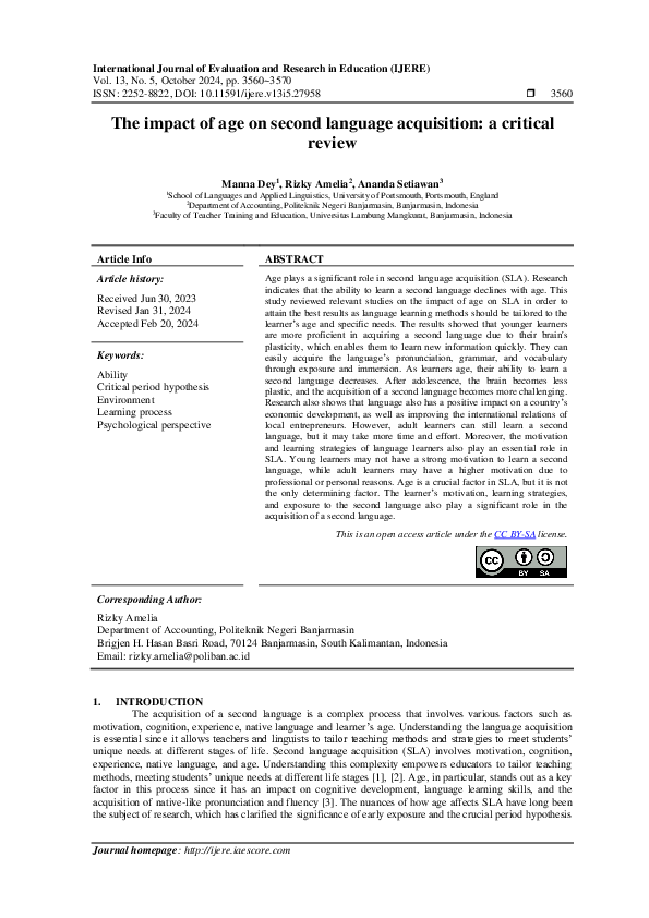 (PDF) The impact of age on second language acquisition: a critical review