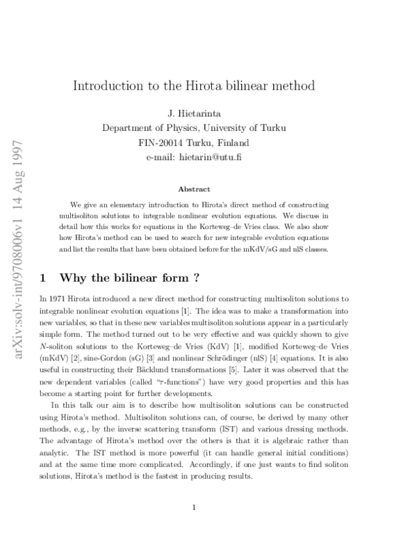 (PDF) Introduction to the Hirota bilinear method