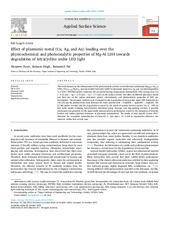 (PDF) Effect of plasmonic metal (Cu, Ag, and Au) loading over the ...