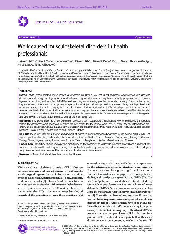 (PDF) Work Caused Musculoskeletal Disorders in Health Professionals