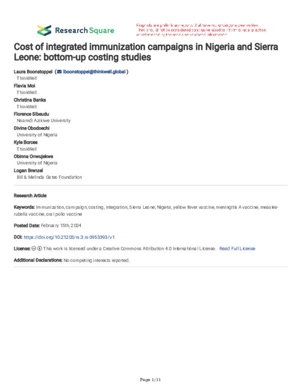 (PDF) Cost of integrated immunization campaigns in Nigeria and Sierra ...