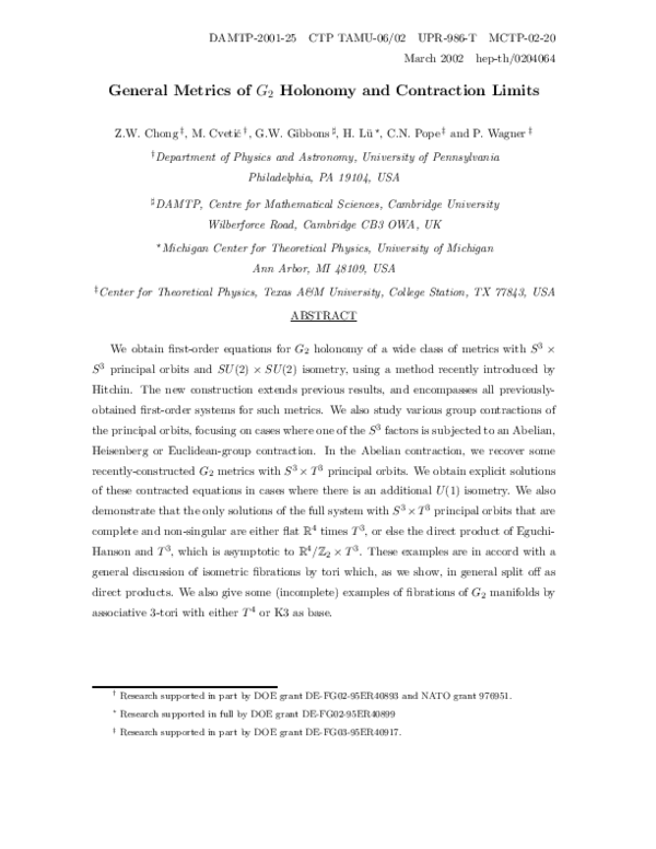(PDF) General metrics of G2 holonomy and contraction limits