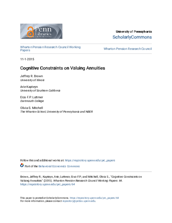 (PDF) Cognitive Constraints on Valuing Annuities
