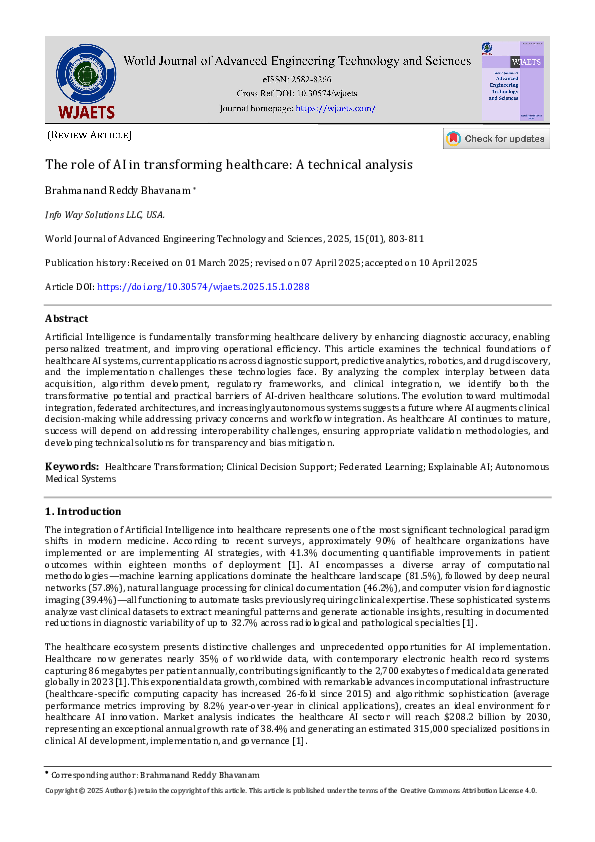 (PDF) The role of AI in transforming healthcare: A technical analysis