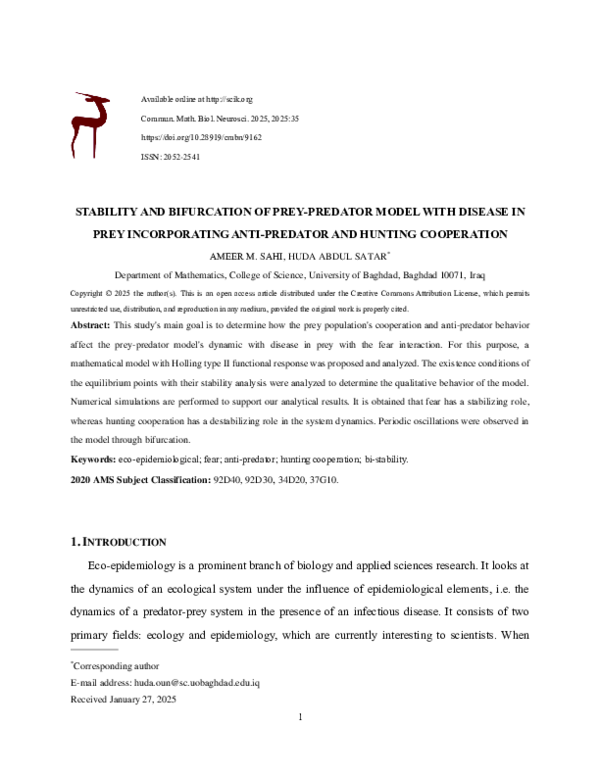 (PDF) STABILITY AND BIFURCATION OF PREY-PREDATOR MODEL WITH DISEASE IN ...