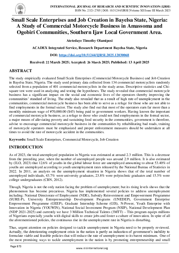 (PDF) Small Scale Enterprises and Job Creation in Bayelsa State ...