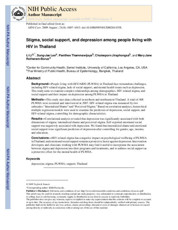 (PDF) Stigma, social support, and depression among people living with ...