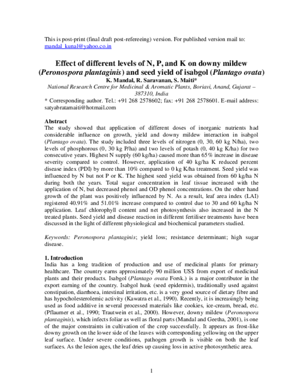 (PDF) Effect of different levels of N, P and K on downy mildew ...