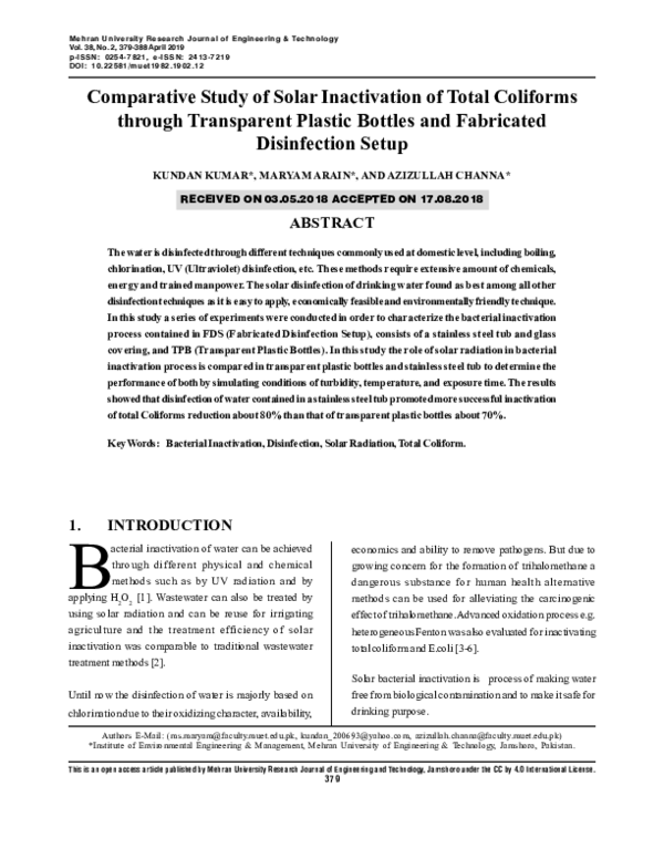 (PDF) Comparative Study of Solar Inactivation of Total Coliforms ...