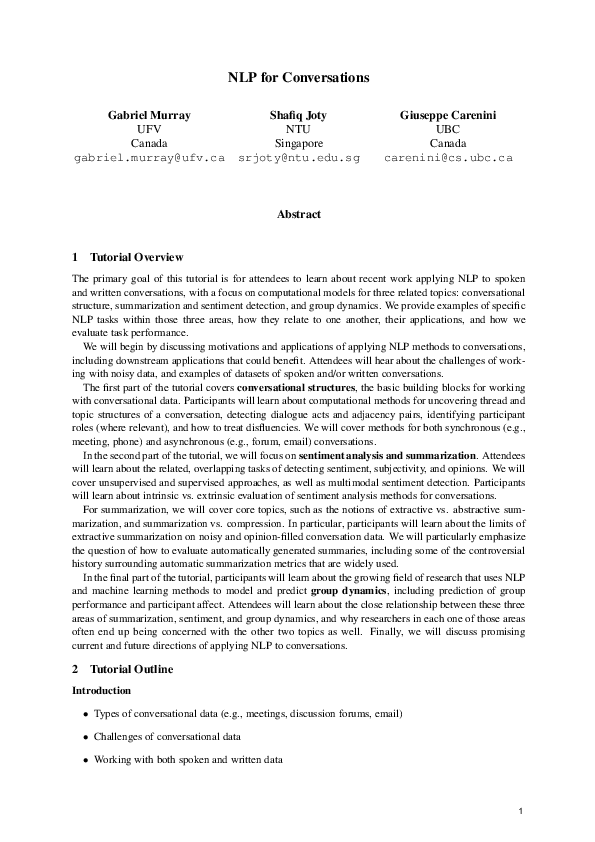 (PDF) NLP for Conversations: Sentiment, Summarization, and Group Dynamics