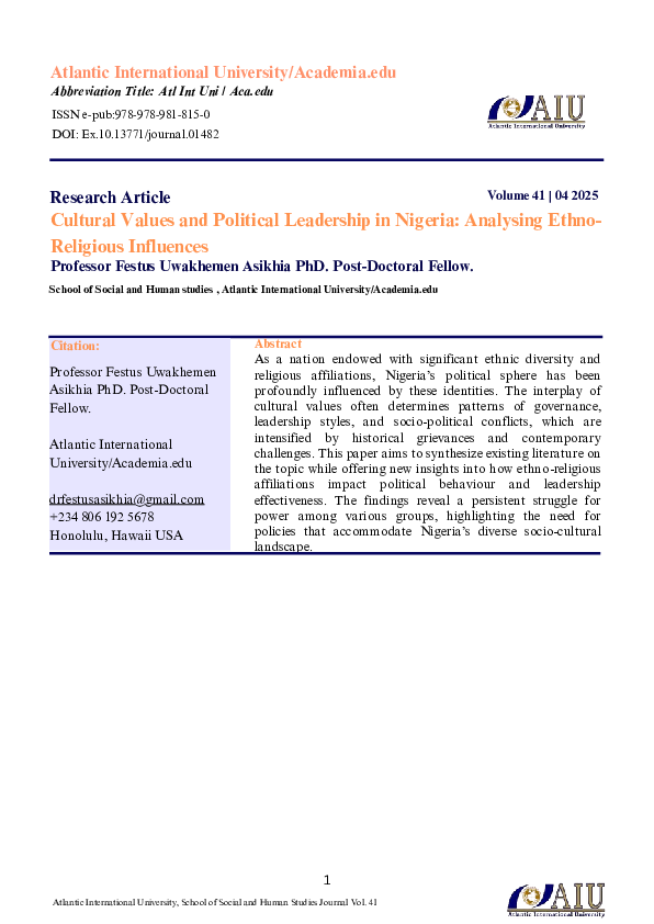 (PDF) Cultural Values and Political Leadership in Nigeria: Analysing ...