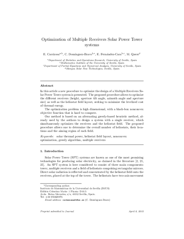 (PDF) Optimization of multiple receivers solar power tower systems