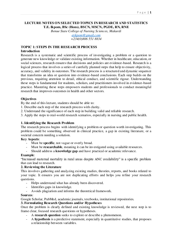 (PDF) LECTURE NOTES ON SELECTED TOPICS IN RESEARCH AND STATISTICS