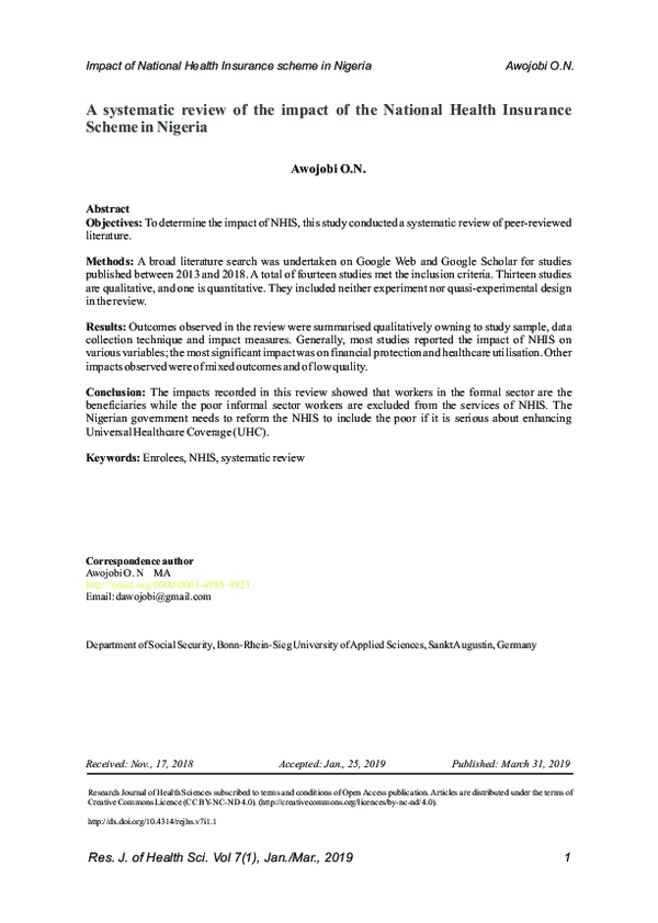 (PDF) An Appraisal of the National Health Insurance Scheme of Nigeria