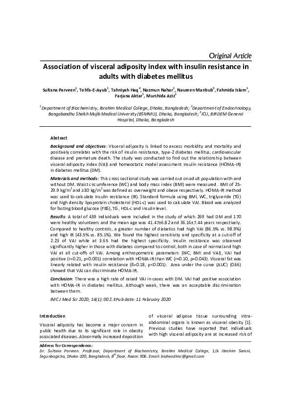 (PDF) Association of visceral adiposity index with insulin resistance ...