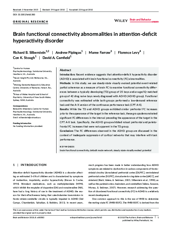 (PDF) Brain functional connectivity abnormalities in attention‐deficit ...